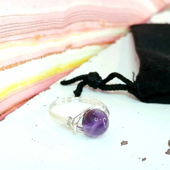 Amethyst Gemstone Beaded Wire Ring, Crystal Dainty Chic Cute Silver - Picture 2 of 3